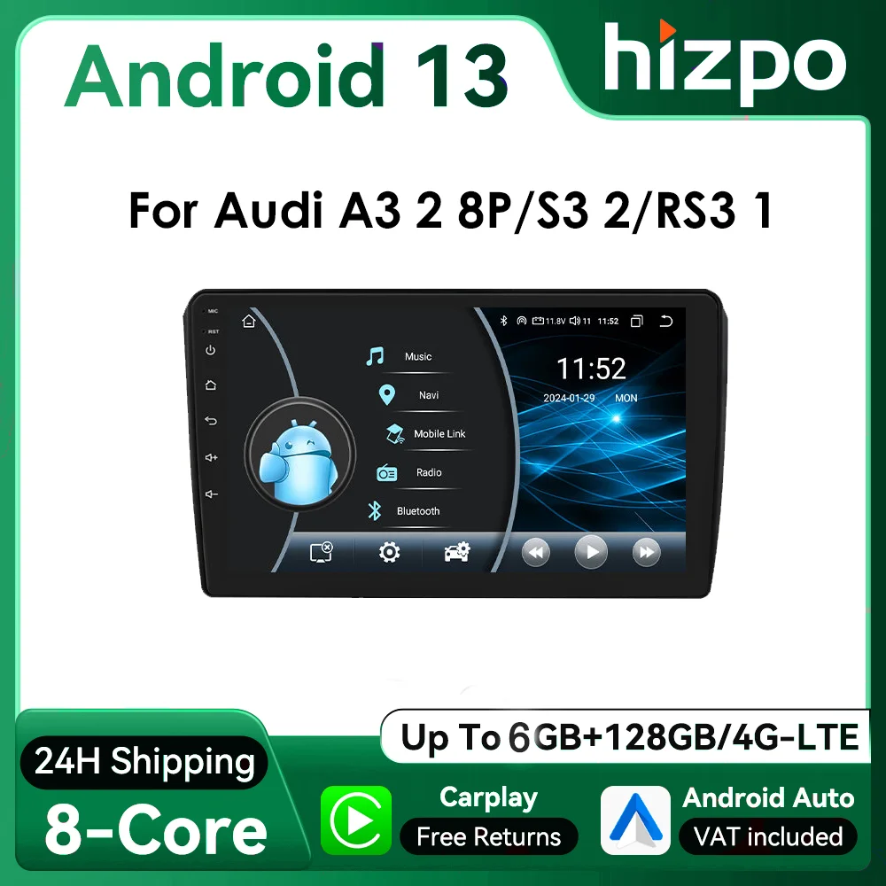 Hizpo Radio Android13 2Din 9 pulgadas para Audi A3 8P 2003-2013 GPS
