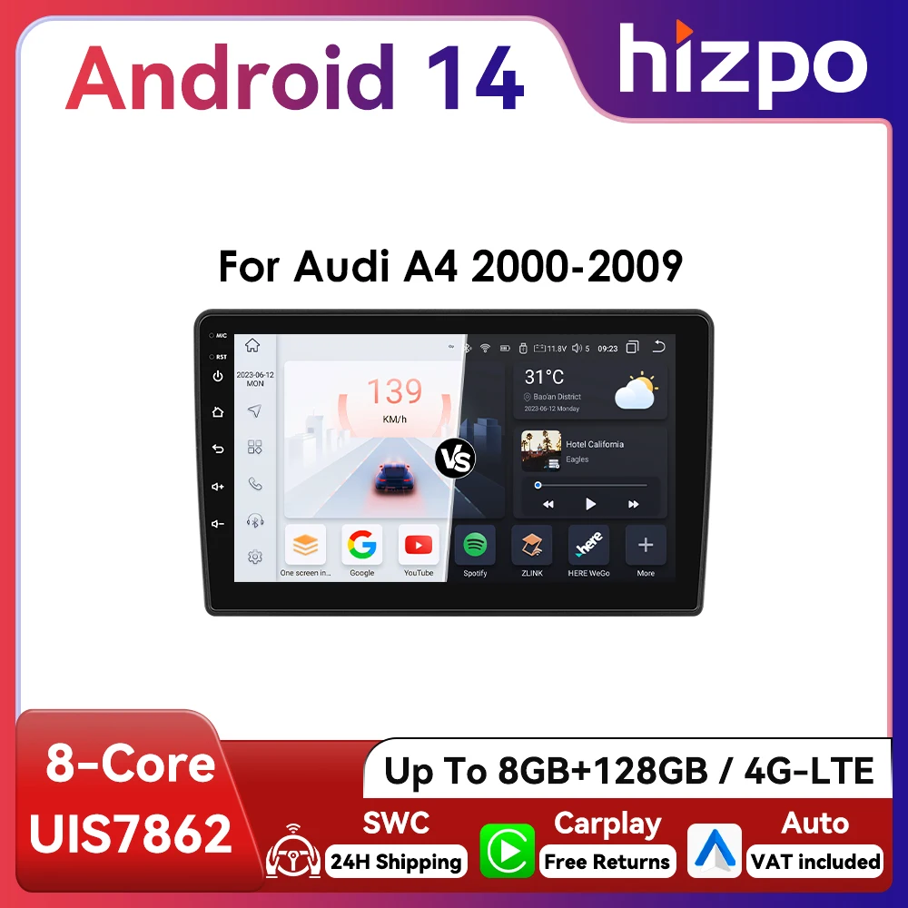 Hizpo Radio Android 13 de 9 pulgadas con GPS y CarPlay para Audi A3 8P
