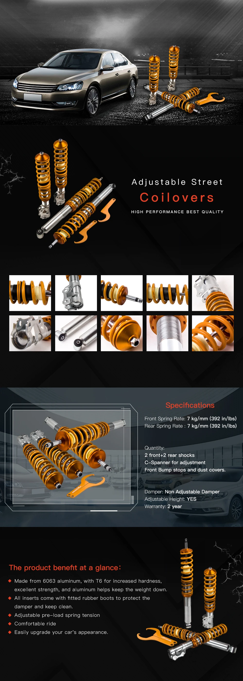 Detalle de los componentes del kit coilover regulable