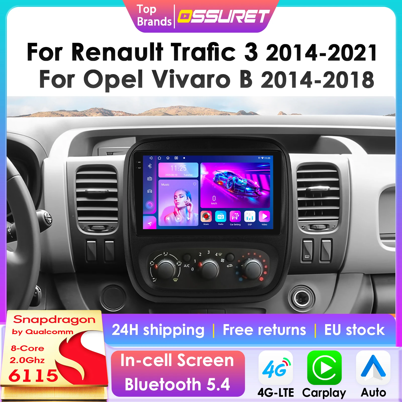 OSSURET Autoradio Android 2 Din CarPlay GPS - Renault Trafic III