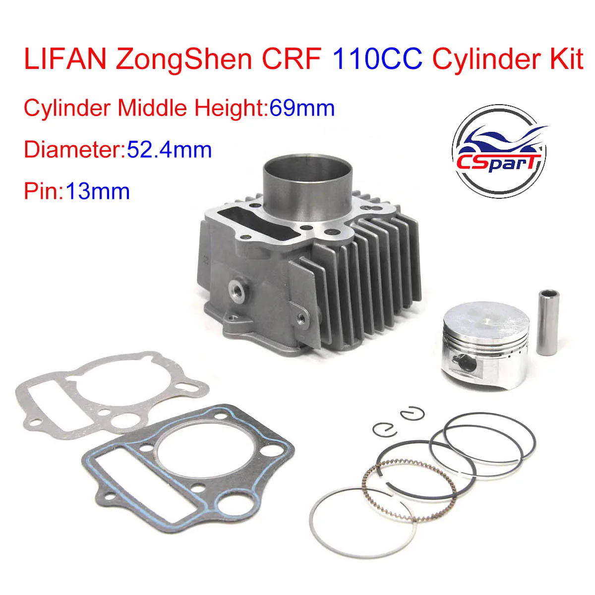 Kit de juntas de anillo de pistón de cilindro, 52,4mm, 13mm, 110CC, Dirt Bike, Pit Bike, ATV Quad