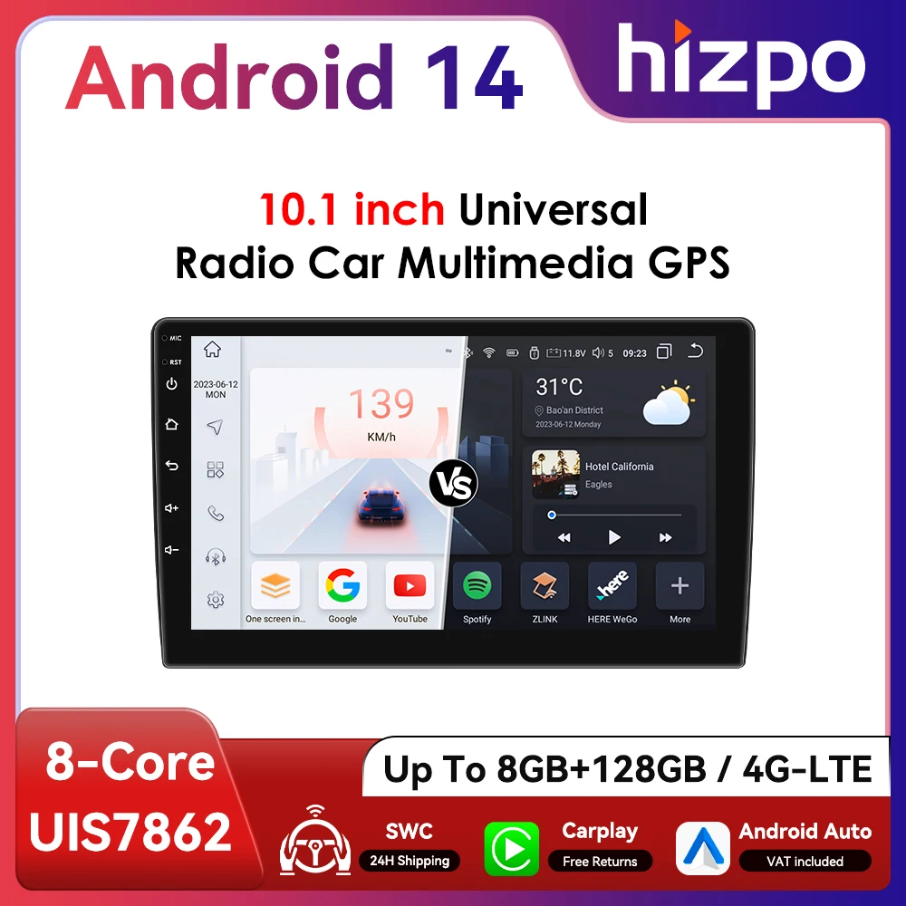 Hizpo Radio 2 DIN Android 13 con CarPlay y GPS 10,1 pulgadas