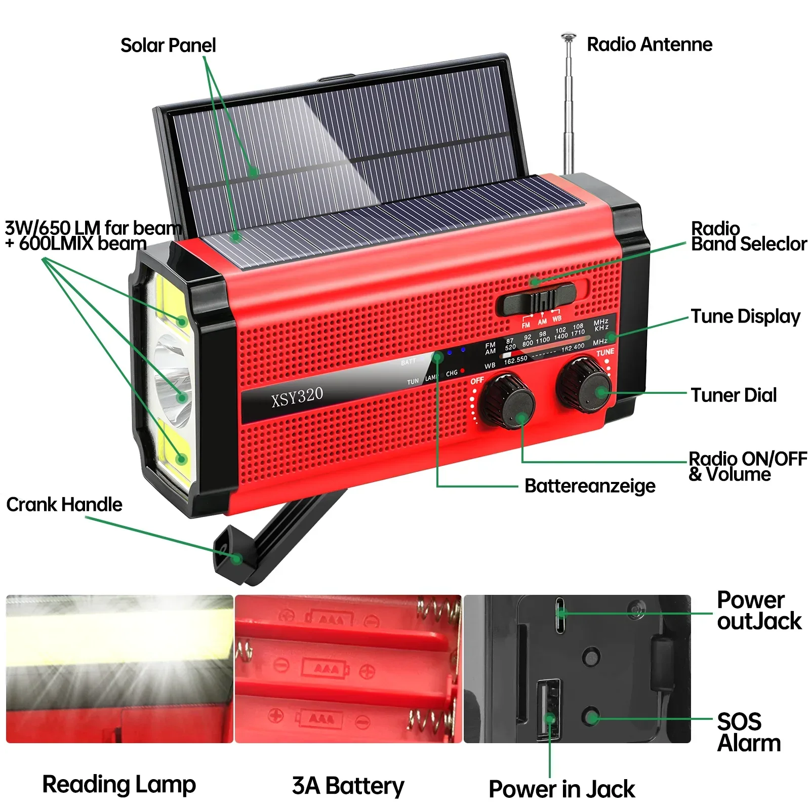 WOOPKER 5000mAh Radio de emergencia FM XSY-320 portátil alimentado a mano Solar recargable impermeable con alarma SOS linterna meteorológica - imagen 3
