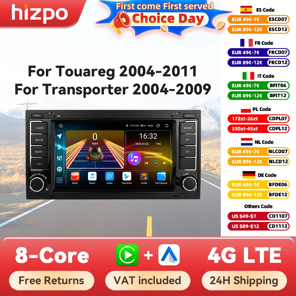 Hizpo Autoradio 2 DIN Android 13 con CarPlay y GPS para VW Touareg T5