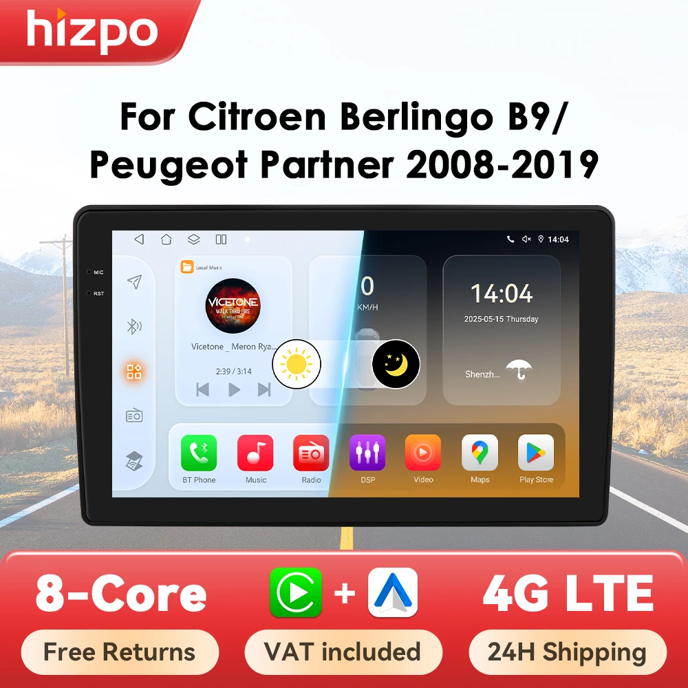 Hizpo-sistema de Radio inteligente para coche, CarPlay inalámbrico, Android Auto, No 2 din, DVD, para Citroen Berlingo B9 Peugeot Partner 2008 - 2019