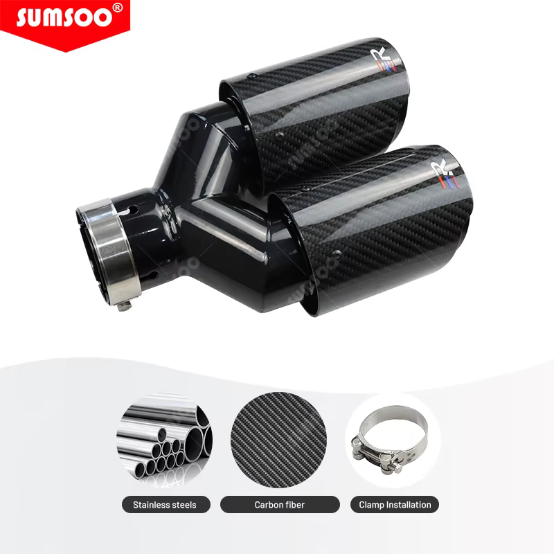 Punta de escape doble universal de fibra de carbono y acero inoxidable - imagen 3