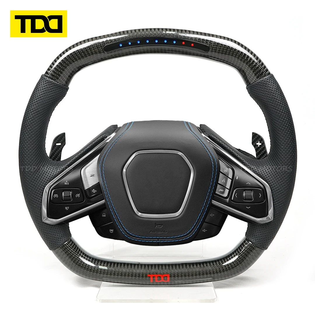 TDD-volante de fibra de carbono Real para Chevrolet C8 Corvette Z51 Z06 2020 2021 2022 2023 2024, volante de carreras de cuero calefactable