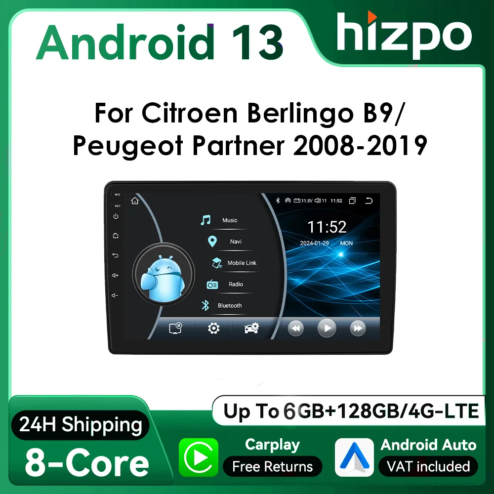 Autoradio Android 2DIN Hizpo táctil Citroën Berlingo B9 Peugeot Partner 2008-2019