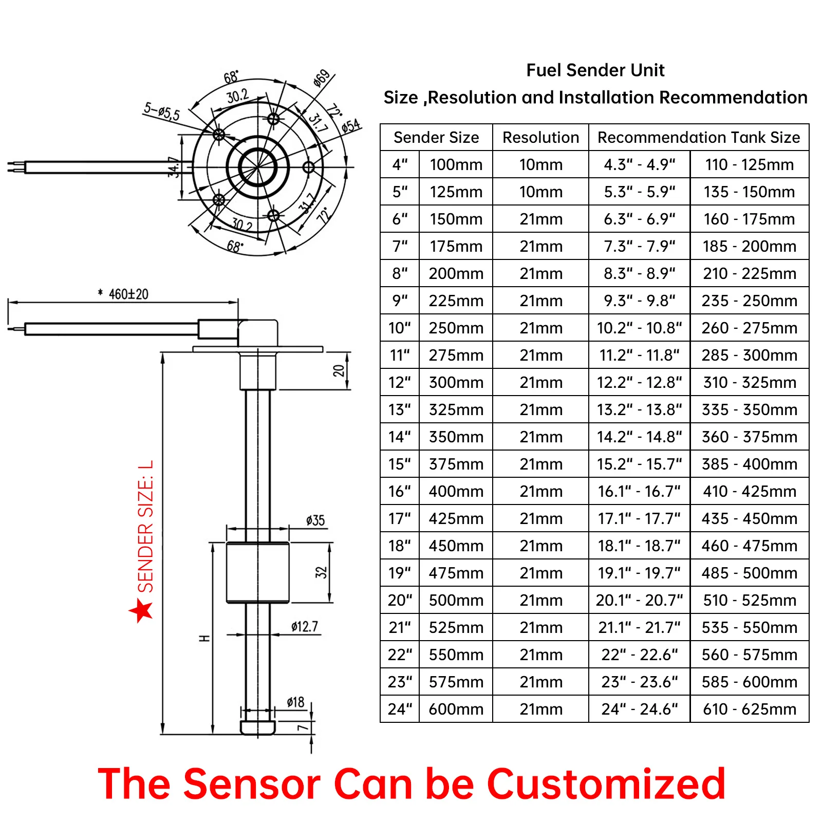 Vista del sensor con flange de montaje