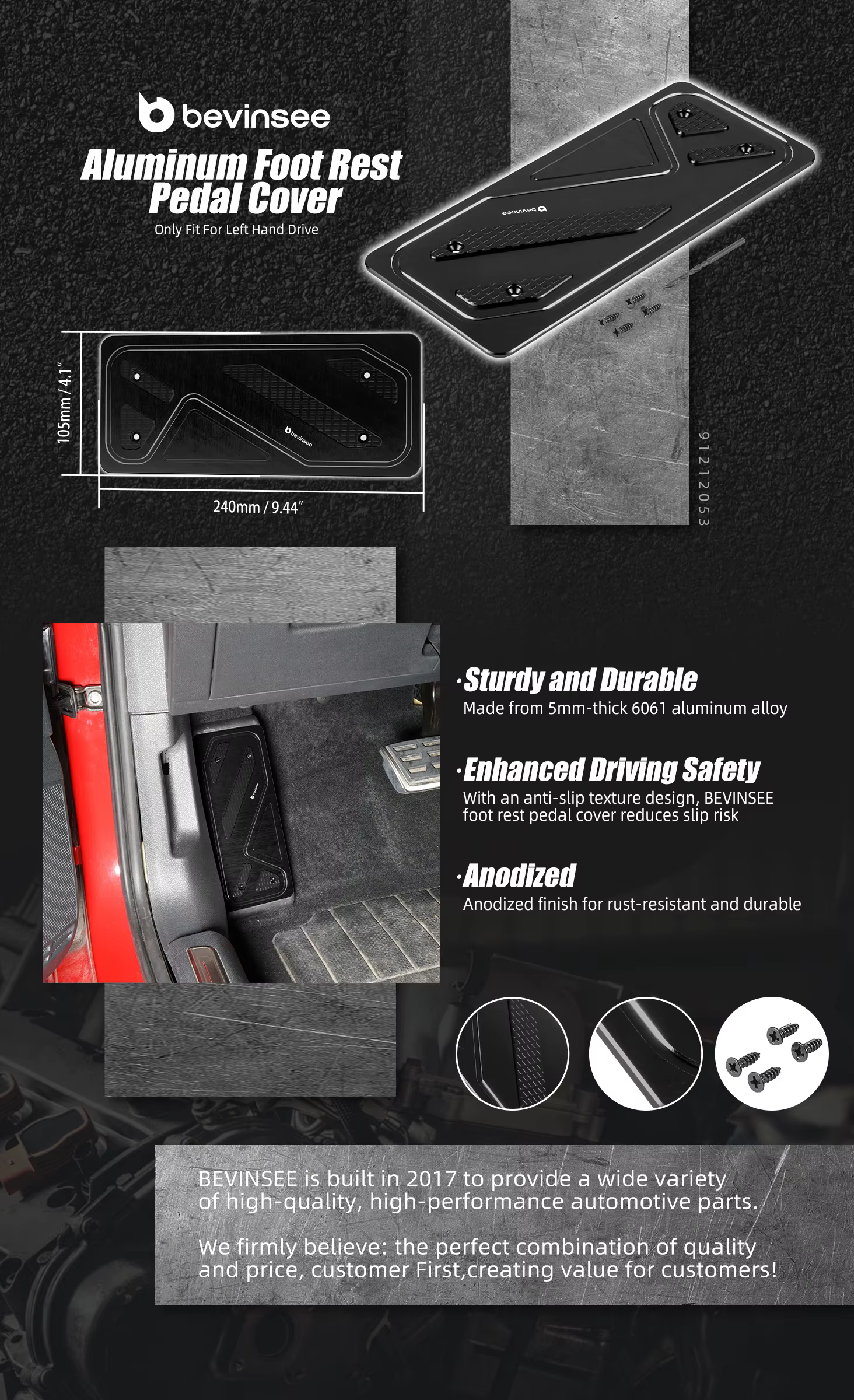 Cubierta de pedal reposapiés de aluminio instalada en el interior de un vehículo