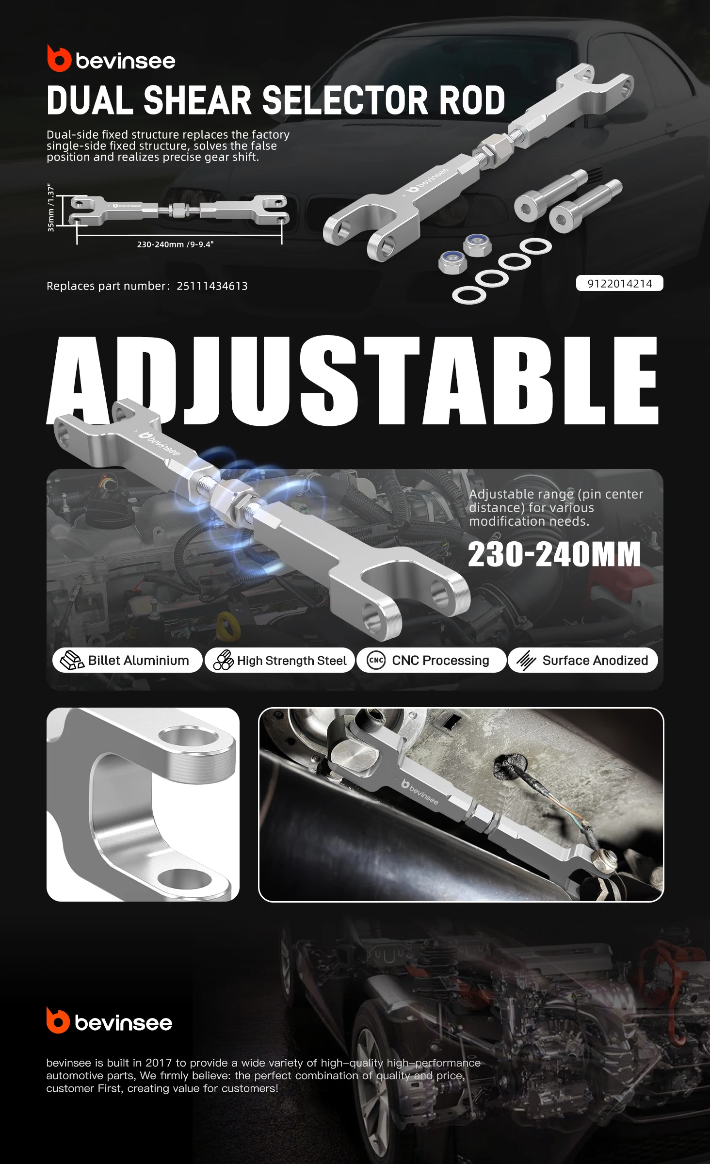 Varilla selectora de doble cizalla para BMW E46, material aluminio billet y acero inoxidable