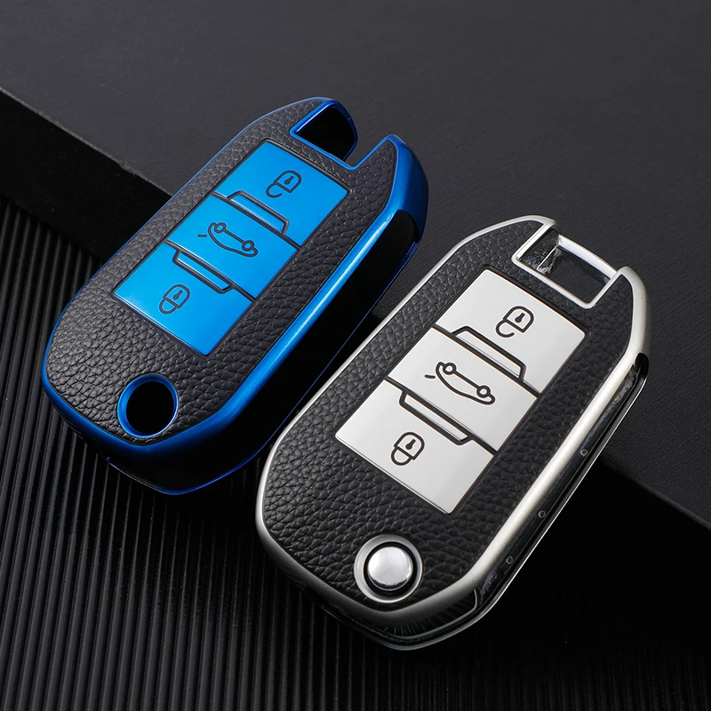 Funda de cuero TPU azul instalada en llave Citroen C4