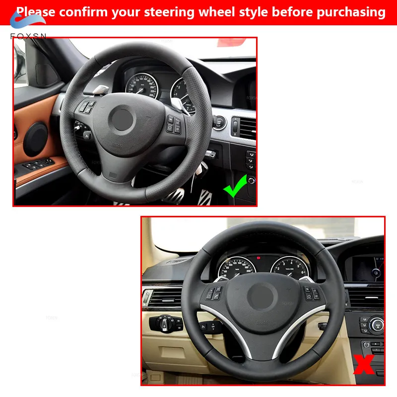 Protector de volante de cuero negro con tira azul para BMW