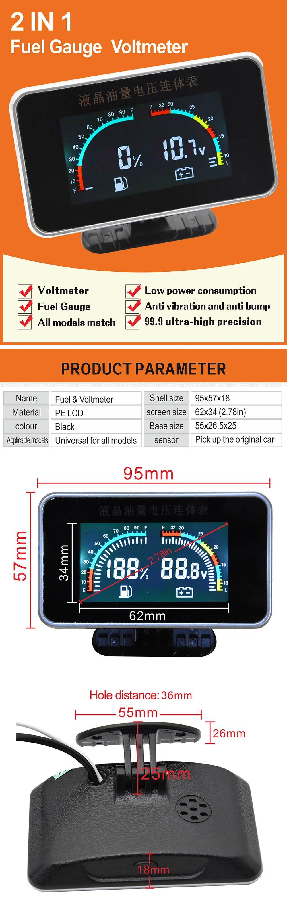 Pantalla del voltímetro LCD mostrando voltaje y nivel
