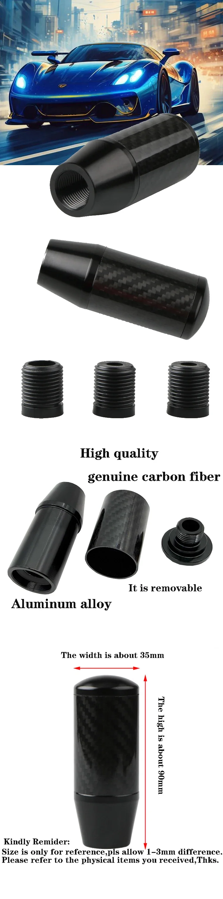 Perilla de fibra de carbono instalada en palanca de cambios