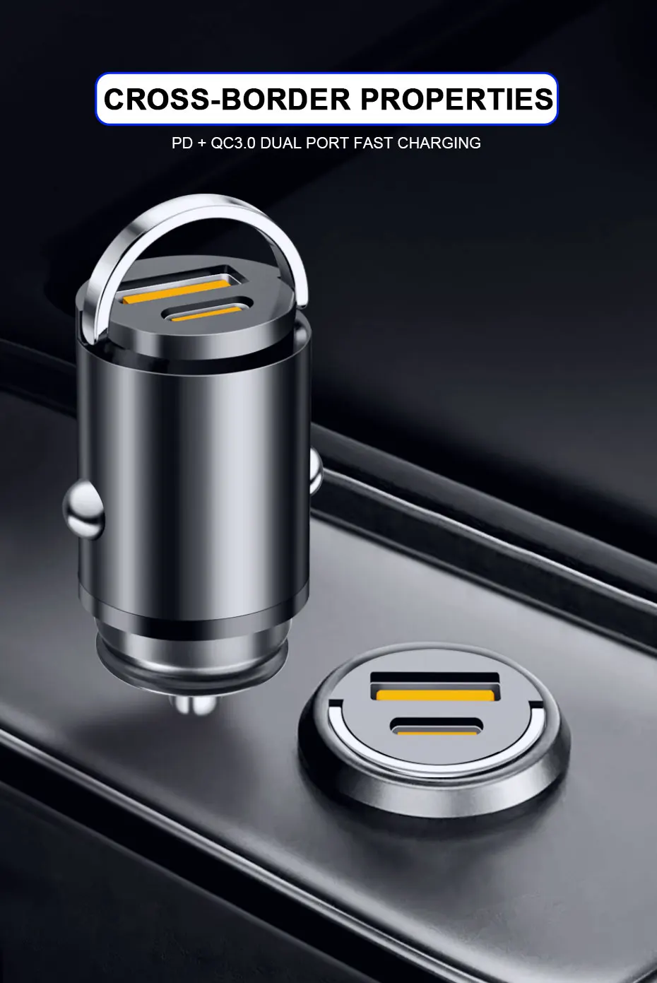 Mini cargador de coche con anillo de tracción mostrando su diseño metálico