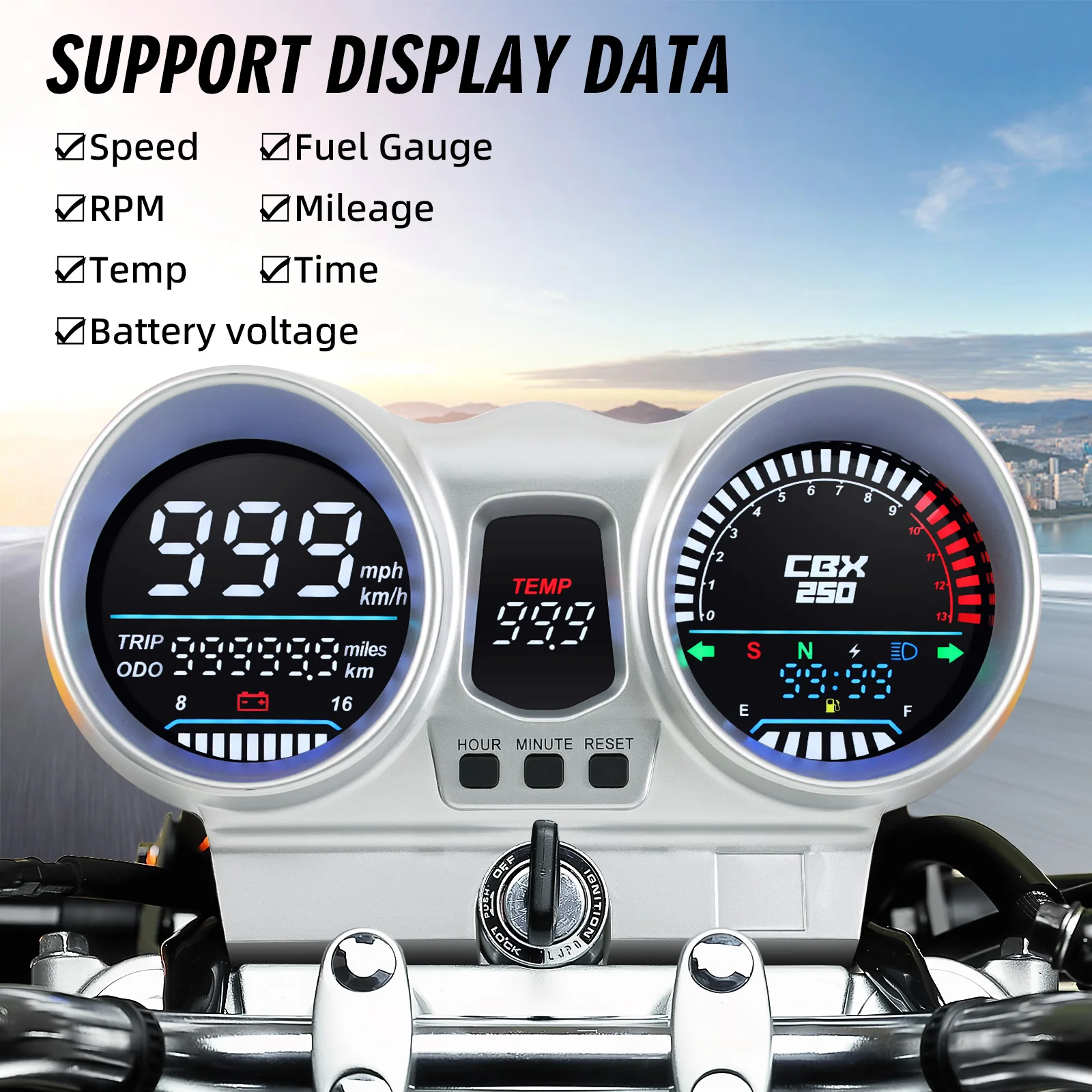 Detalle de la pantalla LED encendida mostrando velocidad