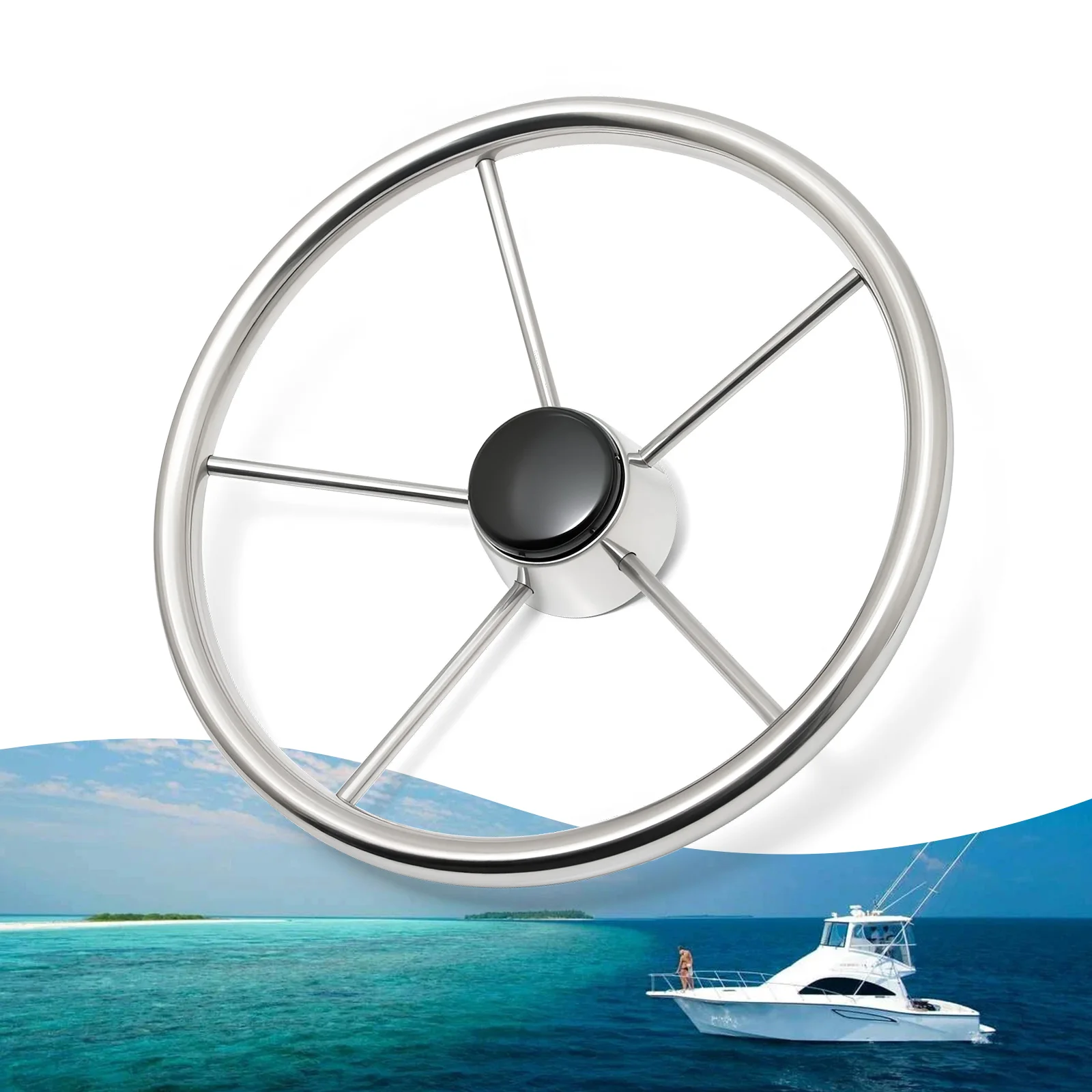 Volante de barco de 5 radios en acero inoxidable pulido