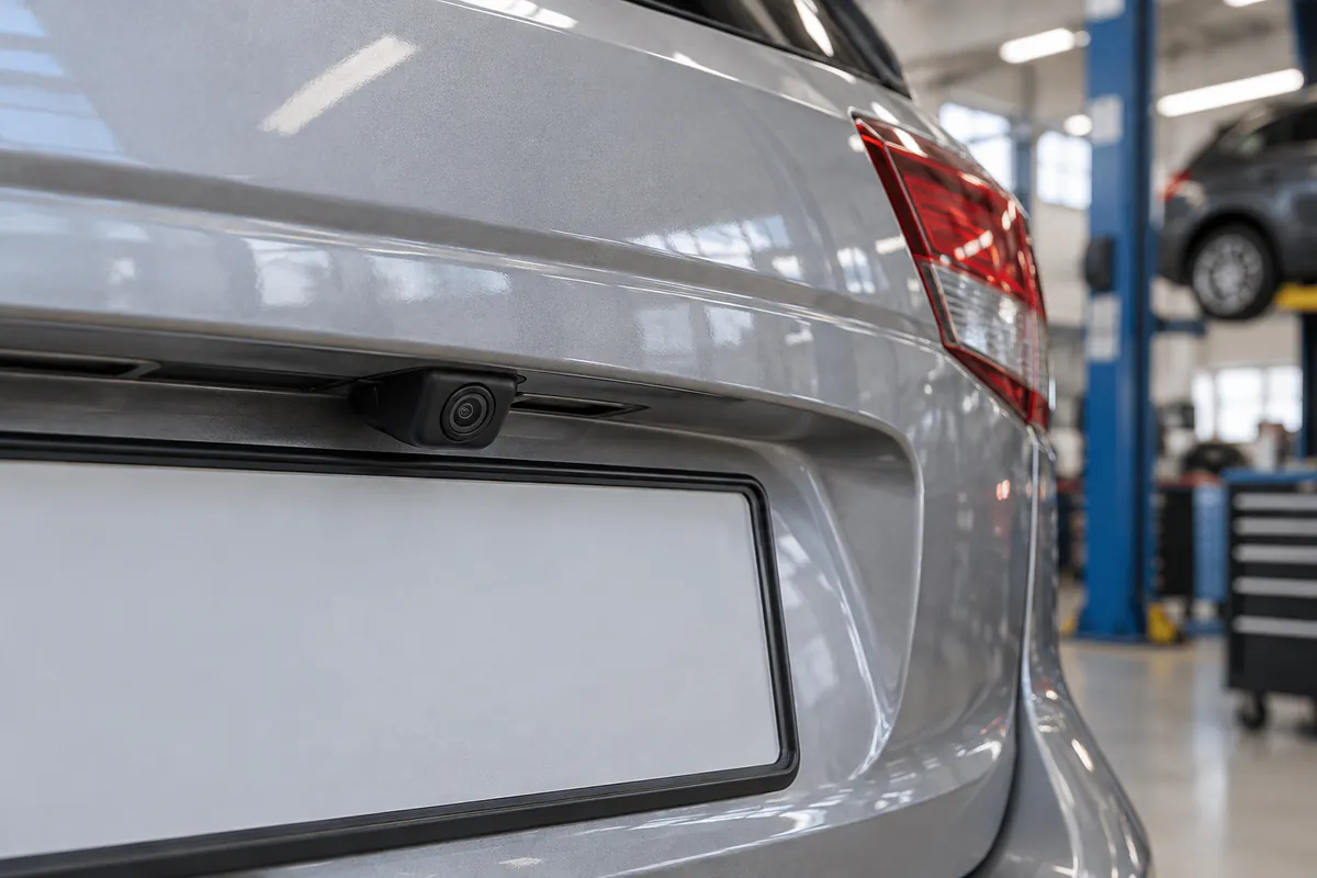 Cámara de marcha atrás instalada sobre el alojamiento de matrícula de un coche