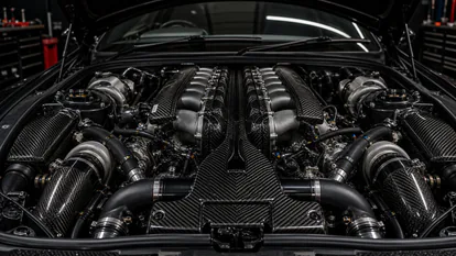 Detalle de un vano motor V12 biturbo con cubiertas de fibra de carbono y acabado de alto rendimiento.
