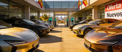 Fila de coches eléctricos nuevos en un concesionario español.