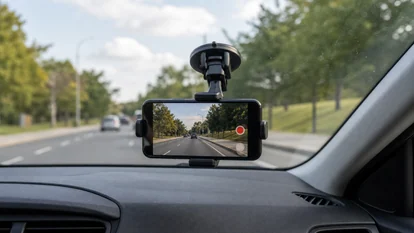 Pantalla de móvil grabando una carretera desde el interior del coche de forma segura.