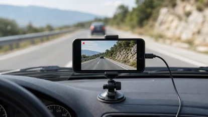 Móvil antiguo montado como dash cam en el salpicadero de un coche moderno.