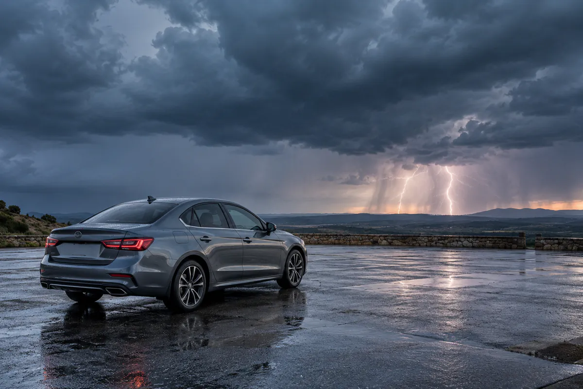 Turismo cerrado y estacionado en un lugar despejado durante una tormenta.