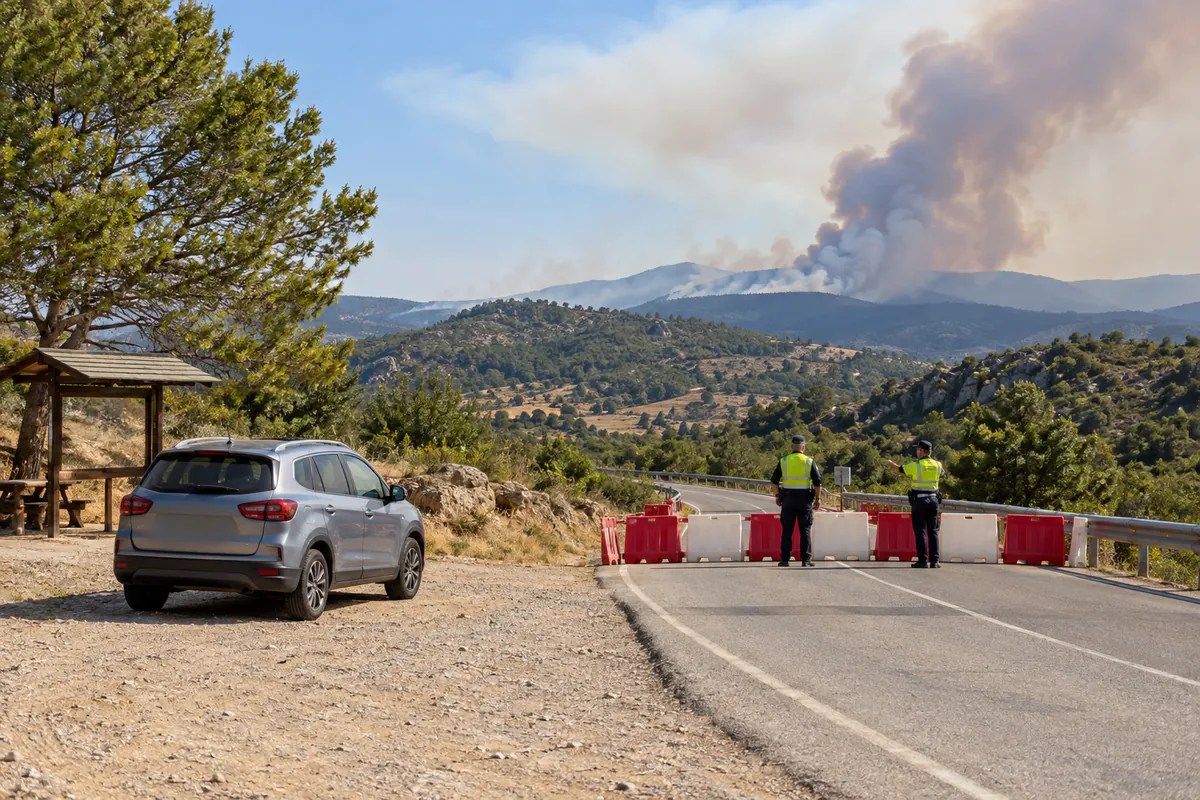 Agentes y barreras impiden continuar por una carretera hacia una zona con humo de incendio forestal.