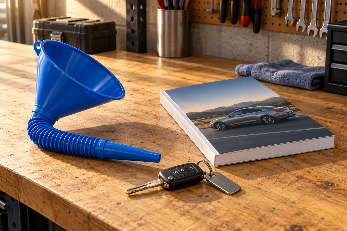Embudo flexible azul junto al manual y las llaves del coche