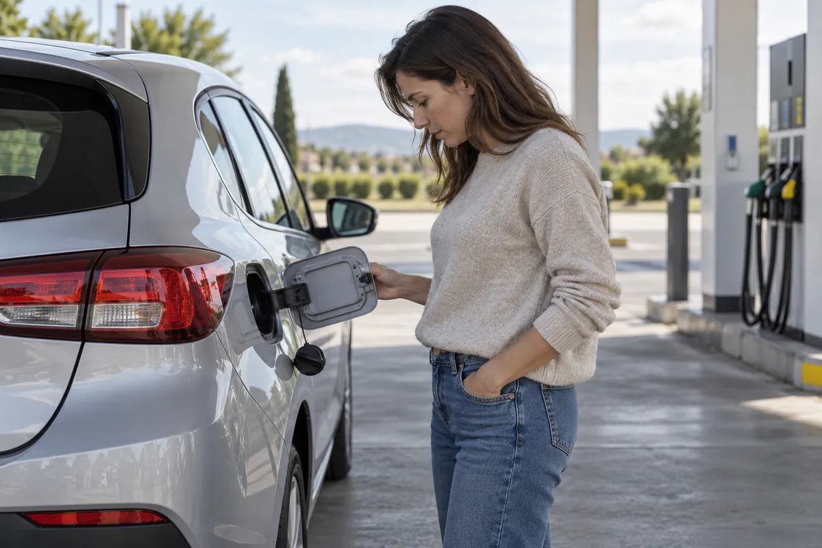 Conductor junto a la tapa de combustible abierta en una gasolinera