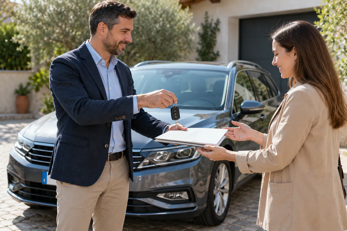 Entrega de llaves y carpeta de revisiones entre vendedor y compradora junto a un coche