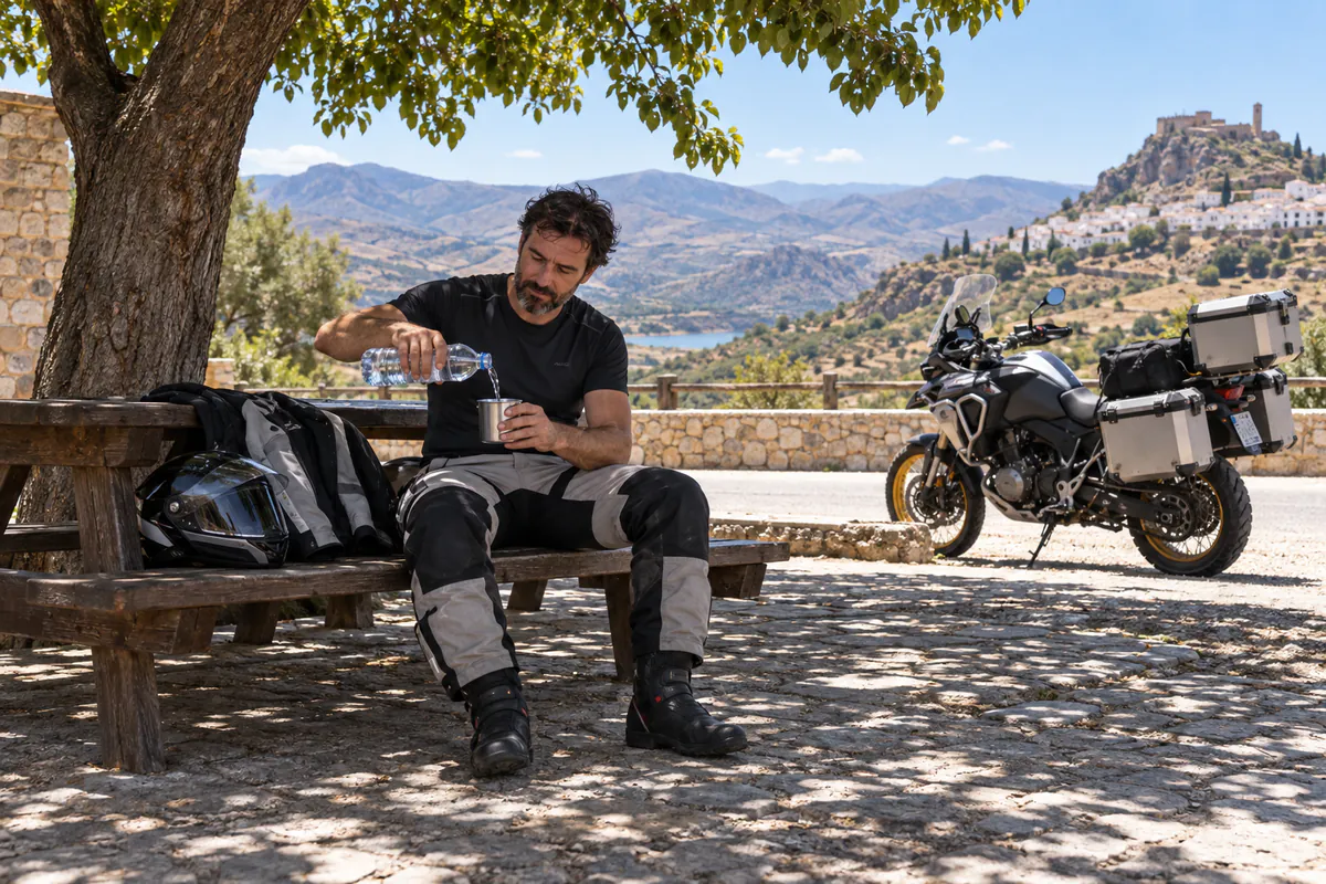 Viajero en moto bebe agua durante una parada a la sombra en verano