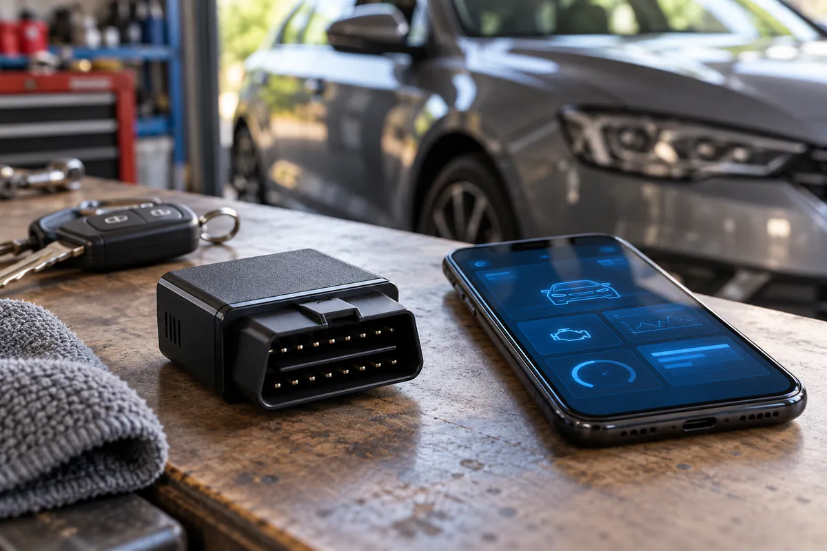 Adaptador de diagnosis OBD junto a un teléfono y llaves