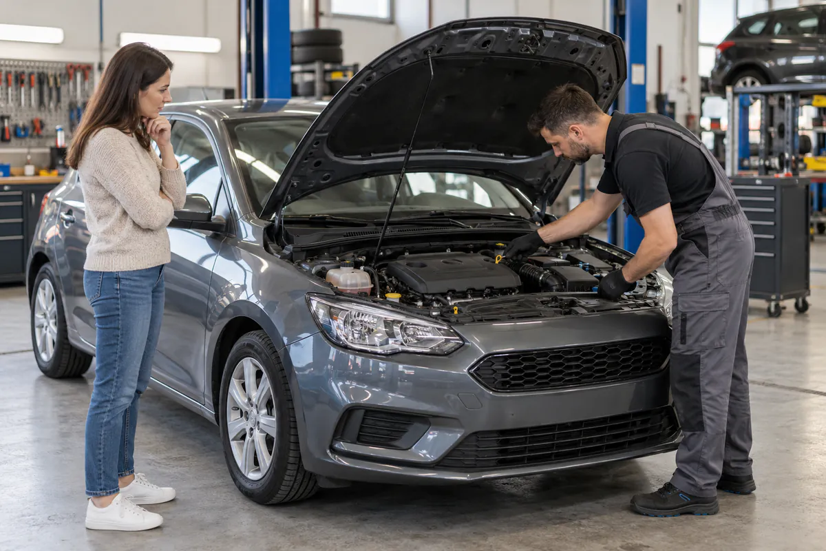 Mecánico inspeccionando un coche con el comprador presente
