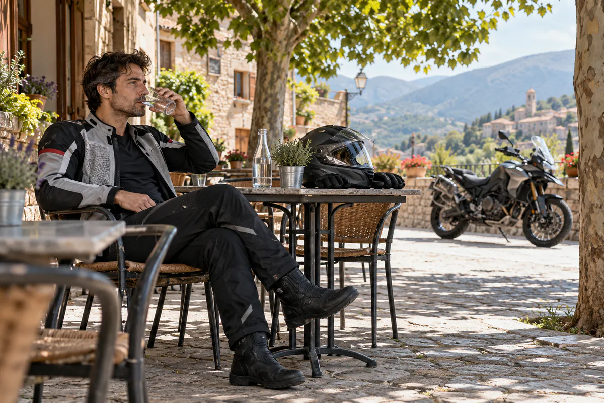 Motorista con pantalones y botas de protección bebiendo agua en una terraza sombreada