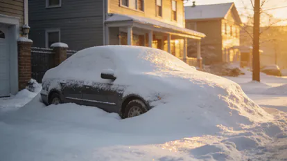 Coche completamente cubierto de nieve en una mañana de invierno.