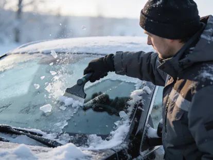 Persona limpiando la nieve del parabrisas de su coche con un rascador.