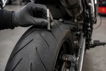 Detalle de neumatico de moto comprobando profundidad y desgaste antes de ITV
