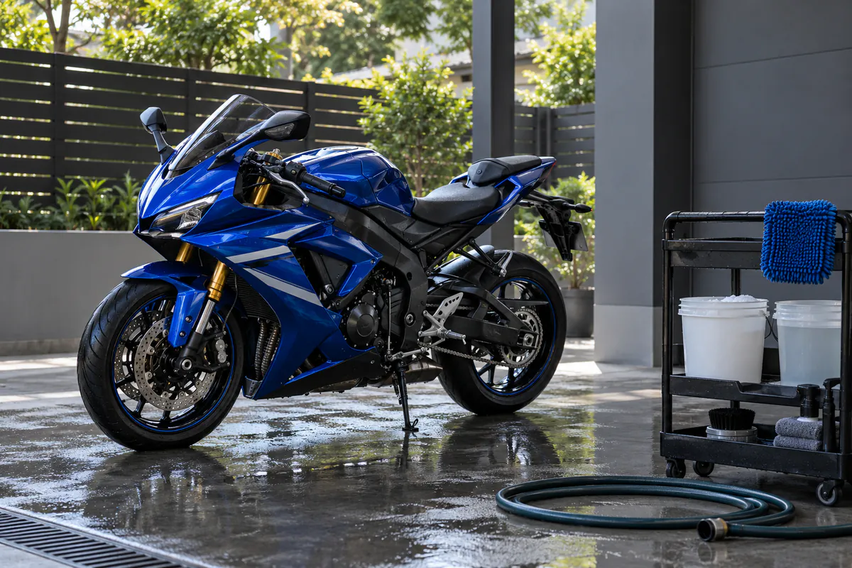 Moto azul estacionada en una zona de lavado a la sombra con cubos y útiles