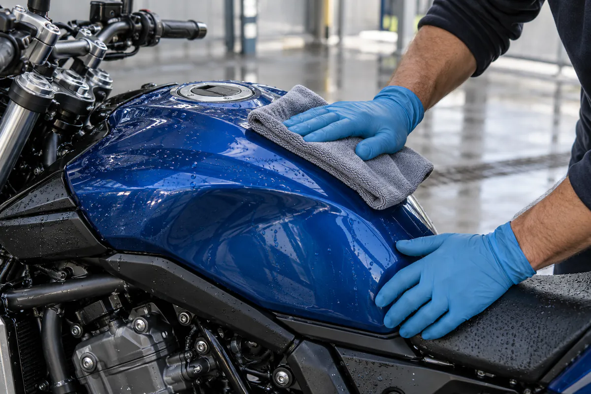 Persona con guantes secando el depósito de una moto con microfibra