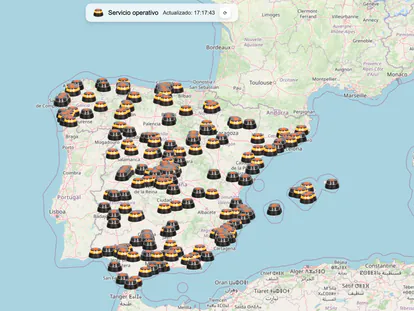 Mapa de España mostrando las ubicaciones de balizas V-16 activas en tiempo real.
