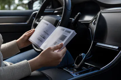 Consulta del manual de un coche eléctrico para identificar aperturas de emergencia.