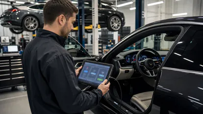 Mecanico usando una tablet de diagnosis para actualizar software en un coche premium.