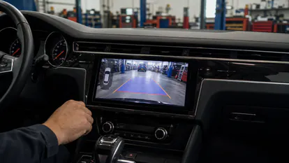 Pantalla interior de un coche mostrando la prueba de camara trasera durante una revision de taller.