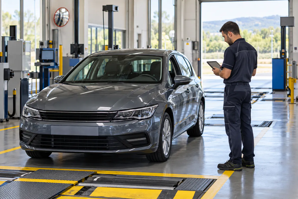 Técnico revisando documentos junto a un coche en una estación de inspección de vehículos