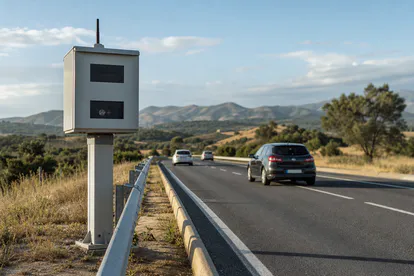 Radar fijo de velocidad junto a una carretera española despejada.
