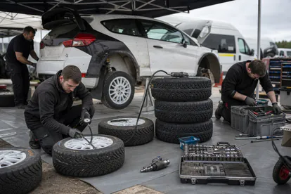 Equipo de asistencia preparando neumaticos y herramientas en un rallye nacional